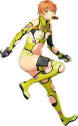  bodysuit brown_eyes brown_hair doughnut elmel_erkin female food full_body gloves knee_cutout looking_at_viewer mouth_hold navel official_art short_hair solo super_robot_wars super_robot_wars_x-omega transparent_background watanabe_wataru_(character_designer) 