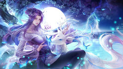  absurdres branch bug butterfly circle deer dress female flower highres horns jintian_zhi_xiang_tang_ping_liao lightning long_hair looking_down purple_dress purple_eyes purple_hair qinshi_mingyue second-party_source sitting smile solo thighhighs water zi_nu_(qinshi_mingyue) 