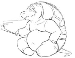  ambiguous_gender anthro belly black_and_white hand_on_leg monochrome navel pipe reptile scalie shell simple_background sitting smile smoking solo teeth_showing thegreatmatsutzu turtle white_background 