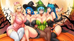  4girls animal_ears aqua_hair black_headwear blonde_hair blue_eyes blue_hair borrowed_character breasts brown_eyes cat_ears cleavage curvy demon_girl demon_tail demon_wings ears_through_headwear erkaz fake_animal_ears garter_belt glasses green_headwear green_leotard halloween halloween_costume hat head_wings highres huge_breasts inchou_(kaitsu_tokiyas) inne_sulistya_robin jack-o&#039;-lantern leotard long_hair melon_print moon multiple_girls night night_sky nurse nurse_cap original ran_(kaitofuuma) red-framed_eyewear red_eyes rina_atherina sitting sky tail thighhighs tied_hair tree watashi_no_inchou_desu!! white_thighhighs wings witch witch_hat 