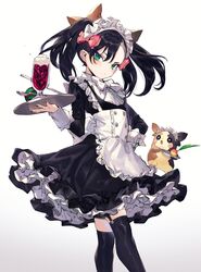  alternate_costume apron berry_(pokemon) black_dress black_hair black_thighhighs blush bow brown_ribbon closed_mouth commentary dress dusk_ball enmaided female food frilled_apron frills fruit garter_straps gradient_background green_eyes grey_background hair_between_eyes hair_ribbon hairbow hand_on_own_hip highres holding holding_tray ice_cream ice_cream_float leppa_berry long_hair long_sleeves looking_at_viewer maid maid_headdress marnie_(pokemon) morpeko morpeko_(full) namakawa over-kneehighs pink_bow poke_ball pokemon pokemon_(creature) pokemon_swsh ribbon spoon symbol-only_commentary thighhighs tray twintails white_apron white_background white_bow 