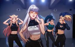  4girls absurdres ahri_(league_of_legends) akali animal_ear_fluff animal_ears black_hair black_sports_bra blonde_hair blue_hair breasts chains cleavage commentary crop_top cropped_hoodie crystal_tail dog_tags english_commentary evelynn_(league_of_legends) eyeshadow facial_mark fingernails fox_ears highres hood hoodie jewelry julia_shii k/da_(league_of_legends) k/da_all_out_ahri k/da_all_out_akali k/da_all_out_evelynn k/da_all_out_kai&#039;sa kai&#039;sa kappa_(clothes) league_of_legends lips lipstick long_hair looking_at_viewer makeup medium_breasts midriff multicolored_hair multiple_girls navel nose orange-tinted_eyewear pants ponytail ring sharp_fingernails single_strap sports_bra sunglasses tinted_eyewear track_pants trolling two-tone_hair wedding_ring whisker_markings white_hair yoga_pants 