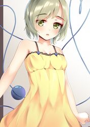  absurdres armpit_peek bare_shoulders blush breasts cleavage commentary_request dress female green_eyes green_hair heart highres komeiji_koishi lips looking_at_viewer mantou_xiang open_mouth shiny_skin small_breasts solo third_eye touhou yellow_dress 