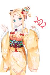  2022 abigail_williams_(fate) absurdres black_bow blonde_hair blue_bow blue_eyes bow closed_mouth commentary double_bun fate/grand_order fate_(series) female floral_print flower forehead fur-trimmed_sleeves fur_trim hair_bun hair_flower hair_ornament hairbow highres japanese_clothes kimono long_hair long_sleeves obi orange_bow parted_bangs pink_flower print_kimono sash sidelocks simple_background smile solo white_background wide_sleeves yellow_kimono yukaa 