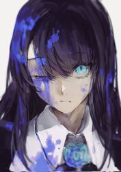  ado_(utaite) black_hair blue_eyes blue_flower blue_hair blue_rose chando_(ado) close-up cloud_nine_inc collared_shirt commentary female flower flower_brooch highres long_hair neck_flower one_eye_closed paint_in_hair paint_on_clothes paint_splatter paint_splatter_on_face portrait rose shirt simple_background solo tomatomato60 utaite white_background 