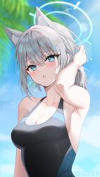  absurdres animal_ear_fluff animal_ears arm_up armpits bare_arms bare_shoulders black_one-piece_swimsuit blue_archive blue_eyes breasts cleavage commentary_request competition_swimsuit cross_hair_ornament extra_ears female grey_hair hair_ornament halo highres lethe_(lethe187) long_hair looking_at_viewer medium_breasts mismatched_pupils official_alternate_costume one-piece_swimsuit outdoors parted_lips ponytail shiroko_(blue_archive) shiroko_(swimsuit)_(blue_archive) sideboob solo swimsuit upper_body wolf_ears 