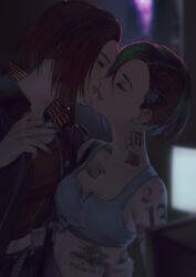  2girls absurdres breasts cigarette closed_eyes cyberpunk cyberpunk_(series) cyberpunk_2077 cyborg english_text green_hair highres holding holding_cigarette imminent_kiss jacket judy_alvarez mechanical_parts multiple_girls red_hair samurai_jacket_(cyberpunk) short_hair small_breasts tattoo undercut v_(cyberpunk) valerie_(cyberpunk) yorukun yuri 