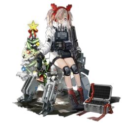  antlers black_footwear black_gloves boots bulletproof_vest christmas christmas_ornaments christmas_tree cross-laced_footwear earmuffs expressionless female full_body girls&#039;_frontline glasses gloves grey_hair gun h&amp;k_hk21 hair_ornament hair_over_one_eye hairband hk21_(girls&#039;_frontline) hk21_(vixen&#039;s_platform_1/9)_(girls&#039;_frontline) holding holding_gun holding_weapon horns jacket jewelry knee_pads load_bearing_equipment long_hair long_jacket long_sleeves looking_at_viewer merry_christmas official_alternate_costume official_art purple_eyes red_hairband red_socks robot round_eyewear sidelocks sitting socks solo star_(symbol) thighs transparent_background turtleneck twintails weapon white-framed_eyewear white_jacket xiao_chichi 