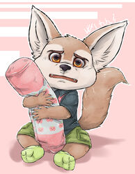  2019 aotoaka bottomwear brown_body brown_fur canid canine clothed clothing disney fennec_fox finnick_(zootopia) footwear fox fully_clothed fur head_tuft hi_res holding_object inner_ear_fluff legwear looking_at_viewer mammal pillow pink_background shirt shorts simple_background sitting socks solo tan_body tan_fur topwear true_fox tuft zootopia 