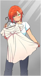  black_pants blush breasts closed_mouth clothes_hanger commentary_request denim dress eroe female holding holding_clothes igarashi_kyou_(eroe) jeans looking_at_viewer orange_hair original pants photoshop_(medium) shirt short_dress short_hair short_sleeves solo sundress sweatdrop t-shirt unworn_dress white_shirt 