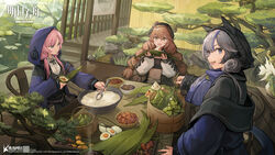  3girls :d ahoge arknights basket beans belt beret black_headwear blue_eyes blue_hair blue_jacket blue_poison_(arknights) bonsai bowl braid brown_hair chair chestnut chinese_commentary commentary coney cooking copyright_name cuora_(arknights) dragon_boat_festival egg egg_(food) food glaucus_(arknights) grey_hair hardboiled_egg hat highres holding holding_spoon hood hooded_jacket jacket leaf long_hair long_sleeves low_twintails meat midriff multicolored_hair multiple_girls mushroom navel off_shoulder official_art open_mouth pink_hair rice shirt smile spoon stomach strapless streaked_hair table tail tree tube_top twin_braids twintails very_long_hair white_belt white_shirt zongzi 