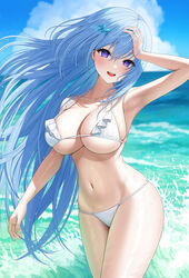  :d arm_up armpits bare_arms bare_shoulders bikini blue_hair breasts cleavage collarbone cowboy_shot day emori_miku emori_miku_project female floating_hair frilled_bikini frills hair_ornament halterneck hand_on_own_head highres kohanayuki large_breasts long_hair looking_at_viewer navel ocean open_mouth outdoors purple_eyes skindentation smile solo standing stomach strap_gap string_bikini swimsuit thighs very_long_hair wet white_bikini 