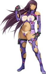  amanomiya_ayame black_eyes black_hair bodysuit boots dark-skinned_female dark_skin female full_body gloves holding holding_ribbon knee_cutout long_hair looking_at_viewer navel official_art purple_thighhighs ribbon serious solo standing super_robot_wars super_robot_wars_x-omega thigh_boots thighhighs transparent_background watanabe_wataru_(character_designer) 