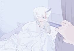  bed_sheet blue_eyes curtains eguchi_saan eyepatch female gauze highres knife knife_in_head long_hair looking_at_viewer original out_of_frame pillow scar see-through solo stuffed_animal stuffed_toy transparent_shirt under_covers 