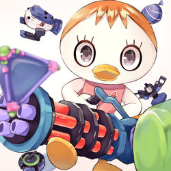  absurdres animal_crossing bird bird_girl blurry blurry_background blurry_foreground blush chibi depth_of_field duck eyelashes female gatling_gun grey_eyes gun heavy_splatling_(splatoon) highres holding holding_gun holding_weapon leg_up looking_at_viewer minigun object_request open_mouth orange_hair pink_shirt pompom_(animal_crossing) purple_eyes shirt short_hair simple_background sleeveless solo splat_bomb_(splatoon) splatoon_(series) splatoon_2 sprinkler_(splatoon) standing standing_on_one_leg tank_top weapon white_background yuzuremon_(sxsm4482) 