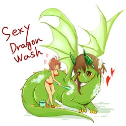  1:1 2015 bathing blush breasts brown_hair bucket claws clothed clothing container dragon duo english_text female feral green_body green_horn green_tail green_wings hair hi_res horn human larger_feral mammal mythological_creature mythological_scalie mythology scalie scrub_brush seirei simple_background size_difference smaller_female smaller_human suds tail text white_background wings yellow_claws 