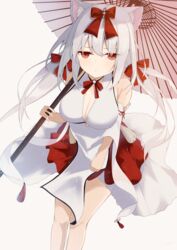  absurdres animal_ears azur_lane bow breasts cleavage dress feet_out_of_frame female hairbow highres holding holding_umbrella japanese_clothes long_hair looking_at_viewer lows. medium_breasts neck_ribbon official_alternate_costume oil-paper_umbrella red_bow red_eyes red_ribbon ribbon solo standing umbrella white_background white_dress white_hair yukikaze_(azur_lane) yukikaze_(winter&#039;s_snowy_wind)_(azur_lane) 