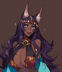  absurdres animal_ears aqua_eyes bad_id bad_twitter_id breasts cleavage dark-skinned_female dark_skin ennuigrl fate/grand_order fate_(series) female forehead_jewel gem head_chain highres jackal_ears jewelry large_breasts long_hair open_mouth purple_hair queen_of_sheba_(fate) smile solo 