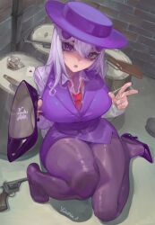  :o absurdres alley artist_name blazer breasts card cigar collared_shirt commentary dot_nose english_commentary female gun hair_between_eyes hat high_heels highres jacket large_breasts long_hair long_sleeves looking_at_viewer necktie office_lady original pantyhose pencil_skirt playing_card purple_eyes purple_hat purple_jacket purple_pantyhose purple_shoes purple_skirt red_necktie revolver shirt shoes skirt sleeveless sleeveless_jacket solo toes unworn_shoes weapon white_hair yukiale 