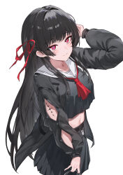  absurdres black_choker black_hair black_jacket black_shirt black_skirt breasts chisa_(wuthering_waves) choker closed_mouth commentary_request female hair_ribbon highres jacket kuonxv long_hair long_sleeves looking_at_viewer midriff navel neckerchief red_eyes red_neckerchief red_ribbon ribbon sailor_collar school_uniform shirt simple_background skirt solo tacet_mark_(wuthering_waves) white_sailor_collar wuthering_waves 