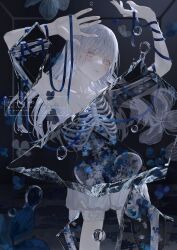  arms_up blue_flower blue_ribbon bone box broken_glass bubble closed_mouth commentary_request female flower glass glass_shards herbarium highres in_box in_container long_hair looking_at_viewer nyaon_oekaki original pale_skin ribbon shards solo white_eyes white_flower white_hair x-ray 
