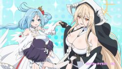  3girls aqua_eyes azur_lane azur_lane:_slow_ahead black_gloves blonde_hair blue_hair breasts cleavage commentary_request cone_hair_bun crown detached_sleeves double_bun dress elbow_gloves end_card fake_horns gloves hair_bun hat highres horns huge_breasts implacable_(azur_lane) janus_(azur_lane) jervis_(azur_lane) long_hair low_twintails mini_crown multiple_girls nun nurse_cap official_art open_mouth orange_eyes purple_hair short_hair sparkle tilted_headwear twintails very_long_hair white_dress white_gloves white_sleeves 