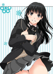  amagami ayatsuji_tsukasa black_eyes black_hair black_jacket blazer blush book commentary_request female grey_skirt jacket kibito_high_school_uniform kuroo_(project_apricot) long_hair long_sleeves panties pantyshot photoshop_(medium) pleated_skirt school_uniform skirt smile solo sweater underwear upskirt white_panties 