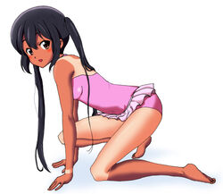  accessory_tan all_fours barefoot black_hair brown_eyes casual_one-piece_swimsuit commentary_request dark-skinned_female dark_skin feet female from_side full_body k-on! legs long_hair looking_at_viewer nakano_azusa one-piece_swimsuit open_mouth pink_one-piece_swimsuit ru_pickman shirt_tan shorts_tan simple_background solo swimsuit tan tanlines twintails white_background 