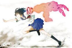  aura black_hair commentary_request dust female full_body legs loafers midriff original outstretched_arms outstretched_hand running school_uniform serafuku shoes simple_background skirt smile socks solo torn_clothes yuuki_(yuuki333) 