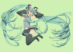  aqua_hair armpits bad_link bare_shoulders black_thighhighs blue_eyes detached_sleeves female hatsune_miku highres jumping legs long_hair midair nayu necktie open_mouth simple_background skirt smile solo thighhighs very_long_hair vocaloid 