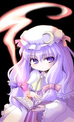  :&lt; ascot black_background blue_ribbon blush book capelet commentary_request crescent crescent_hair_ornament female hair_ornament hat long_hair long_sleeves magic meta&#039;36 mob_cap patchouli_knowledge purple_eyes purple_hair red_ribbon ribbon simple_background solo striped touhou vertical_stripes 