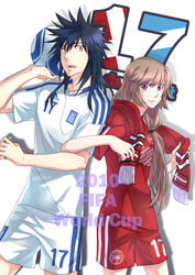  1boy 2010_fifa_world_cup bad_id bad_pixiv_id ball black_hair bliss_(ferment_factory) brown_hair denmark female greece highres jabulani long_hair orange_eyes purple_eyes scarf shorts soccer_ball world_cup 