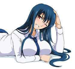  arm_support between_breasts blue_hair breasts commentary_request diamond_cut_diamond female hand_on_own_head large_breasts long_hair lying necktie official_art on_stomach one_eye_closed red_eyes shigyou_yuuyami shirt smile solo taguchi_kenji_(omaep) 