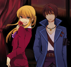  2boys androgynous bad_id bad_pixiv_id black_hair blonde_hair coat flower formal meimone multicolored_hair multiple_boys ponytail streaked_hair suit two-tone_hair umineko_no_naku_koro_ni ushiromiya_lion willard_h._wright yellow_eyes 