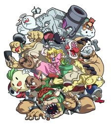  :d armlet bad_id bad_pixiv_id blonde_hair blood blooper_(mario) bob-omb boo_(mario) bowser bracelet bullet_bill buzzy_beetle chain_chomp chains clenched_teeth cloud cracked_mask crown demiano dress earrings elbow_gloves female ghost gloves goomba halo hammer_brothers head_fuse high_heels hitting horns jewelry koopa_troopa lakitu long_hair mario_(series) mask open_mouth pink_dress pink_footwear pink_gloves piranha_plant princess_peach puffy_short_sleeves puffy_sleeves red_hair rocky_wrench role_reversal shoes short_sleeves shy_guy smile spiked_armlet spiked_bracelet spiked_shell spikes spiny_egg stomping strangling teeth thick_eyebrows thwomp tongue tongue_out turnip turnip_(mario) turtle_shell warp_pipe wrench 