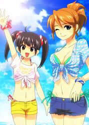  2girls bad_id bad_pixiv_id bikini bikini_under_clothes black_hair blue_eyes brown_eyes brown_hair denim denim_shorts front-tie_top long_hair multiple_girls one_eye_closed original ponytail shirt short_hair shorts side-tie_bikini_bottom swimsuit tied_shirt twintails waving zero_q 