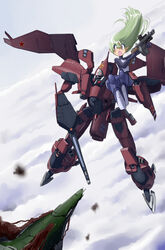  1boy alien armor battle carrying choujikuu_yousai_macross cloud commentary_request couple damaged drum_magazine female giant giantess green_hair gun gunpod inui&#039;s_meltran inui_(jt1116) long_hair macross macross:_do_you_remember_love? macross_zero magazine_(weapon) mecha meltrandi open_mouth pointy_ears ppsh-41 robot size_difference smoke soviet spacecraft straight submachine_gun sv-51 thurvel-salan u.n._spacy variable_fighter weapon zentradi 