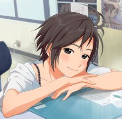  antenna_hair black_eyes black_hair commentary_request female head_rest idolmaster idolmaster_(classic) idolmaster_2 indoors kikuchi_makoto photoshop_(medium) short_hair smile solo yachiwo 