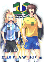  1boy 2010_fifa_world_cup argentina argentinian_flag argentinian_flag_print asociacion_de_futbol_argentina bad_id bad_pixiv_id bliss_(ferment_factory) blonde_hair blue_eyes blue_shirt brazil brown_eyes brown_hair female flag_print highres jacket long_hair shirt short_hair shorts striped_clothes striped_shirt vertical-striped_clothes vertical-striped_shirt white_shirt world_cup 