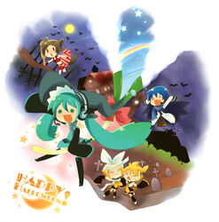  2boys 3girls animal_ears bad_id bad_pixiv_id bat_(animal) chibi graveyard halloween happy_halloween hat hatsune_miku headphones headset kagamine_len kagamine_rin kaito_(vocaloid) meiko_(vocaloid) meimone multiple_boys multiple_girls mummy night spring_onion thighhighs vampire vocaloid witch_hat 