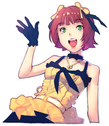  amami_haruka bad_id bad_pixiv_id brown_hair ekao female gloves green_eyes hair_ribbon hands idolmaster idolmaster_(classic) jewelry live_for_venus_(idolmaster) necklace photoshop_(medium) ribbon solo 