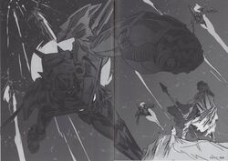  1boy boota_(ttgl) cloak grapearl greyscale gurren-lagann highres imaishi_hiroyuki mecha monochrome official_art old robot scan simon_(ttgl) sky spoilers staff tengen_toppa_gurren_lagann 