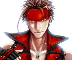  1boy 91_(ichi0630) bad_id bad_pixiv_id big_al brown_hair cosplay fingerless_gloves gloves guilty_gear headband jewelry male_focus necklace simple_background skull smile sol_badguy sol_badguy_(cosplay) solo vocaloid yellow_eyes 