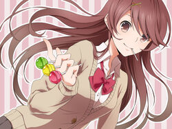  bad_id bad_pixiv_id brown_eyes brown_hair candy dutch_angle female food hair_ornament hairclip lollipop long_hair original school_uniform smile solo sweater_vest waxwa 