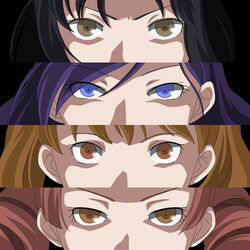  4girls blonde_hair blue_eyes blue_hair close-up column_lineup commentary_request drill_hair fukuzawa_yumi looking_at_viewer maria-sama_ga_miteru matsudaira_touko mizuno_youko multiple_girls ogasawara_sachiko persona persona_eyes shaded_face swept_bangs toshifumi twin_drills twintails upper_body 