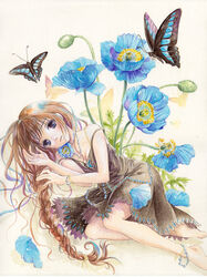  anklet bad_id bad_pixiv_id barefoot blue_eyes bracelet braid brown_hair bug butterfly dress female flower jewelry lying on_side original poppy_(flower) solo toyoda_izumi traditional_media 