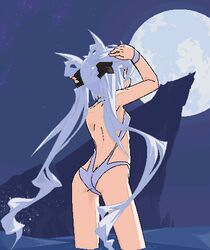  ass commentary_request female full_moon hair_ribbon long_hair looking_at_viewer looking_back lowres mof mof&#039;s_silver_haired_twintailed_girl moon night oekaki original profile ribbon silver_hair solo swimsuit twintails very_long_hair 