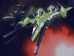  aircraft airplane cannon commentary_request fighter_jet flying ghost_drone inui_(jt1116) jet macross macross_frontier macross_galaxy military military_vehicle no_humans space star_(symbol) v-9 variable_fighter vehicle_focus vf-27 