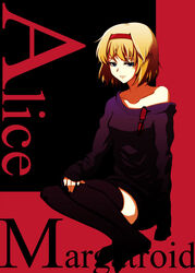  alice_margatroid alternate_costume bad_id bad_pixiv_id bare_shoulders blonde_hair blue_eyes character_name collarbone contemporary ex_hien eyewear_hang female glasses hairband off_shoulder short_hair socks solo sweater thighhighs touhou unworn_eyewear 