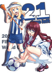  2010_fifa_world_cup 2girls bad_id bad_pixiv_id ball bliss_(ferment_factory) blonde_hair blue_eyes glasses highres honduran_flag honduras horn_(instrument) long_hair multiple_girls red_eyes red_hair soccer_ball tango_(soccer_ball) vuvuzela world_cup 